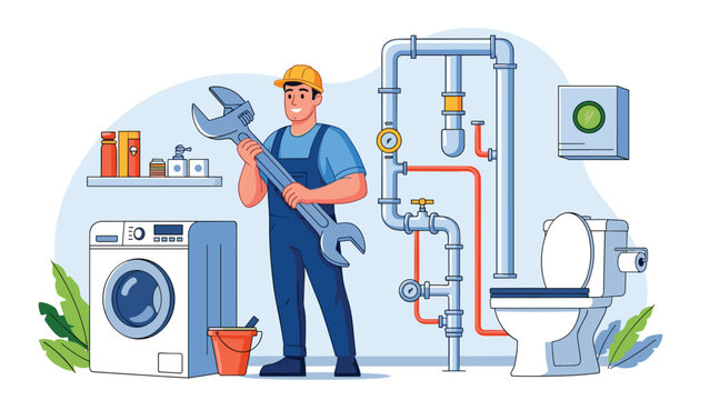 Skilled plumber wearing a hard hat and overalls holding a large pipe wrench in a bathroom next to a toilet and washing machine.