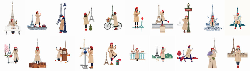 Set of flat illustrations featuring a woman in a trench coat and red beret exploring various landmarks and scenes in Paris, France. © Juan