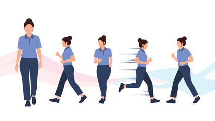 Obraz premium Sequential illustration depicts a woman's movement progression starting from a slow walk and accelerating into a fast athletic run.