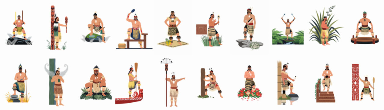 Collection of Maori warriors and indigenous people illustrations showcasing traditional New Zealand culture, tattoos, clothing, and heritage in various poses and settings.