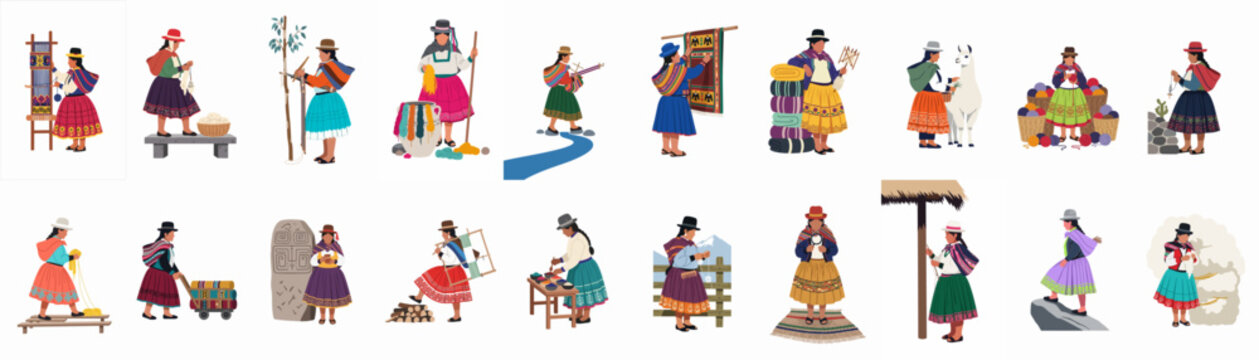 Collection of vector illustrations featuring Peruvian Andean women in traditional dress performing various textile weaving, spinning, and dyeing activities.
