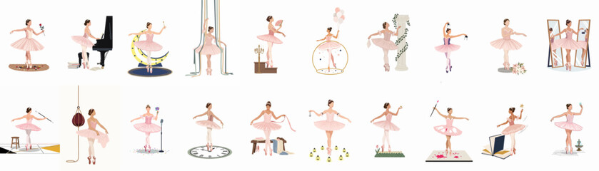 Set of twenty flat vector illustrations featuring a graceful ballerina in diverse whimsical and classic scenes, wearing a pink tutu and pointe shoes. © Juan