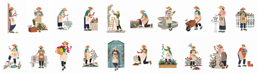 Fototapeta premium Large collection of flat vector illustrations depicting various people gardening, pruning roses, and maintaining flower beds in a garden setting.
