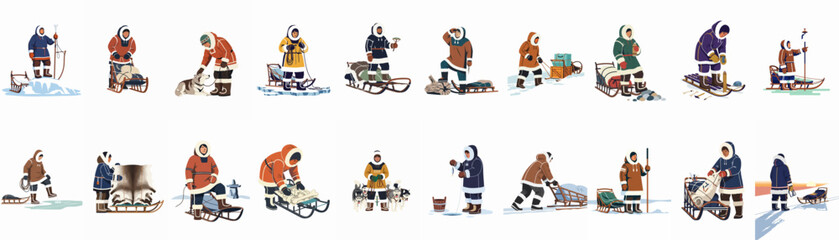 Large collection of illustrations depicting Arctic indigenous people in traditional parkas engaged in daily survival activities like hunting, fishing, and sledding in snowy landscapes. © Juan