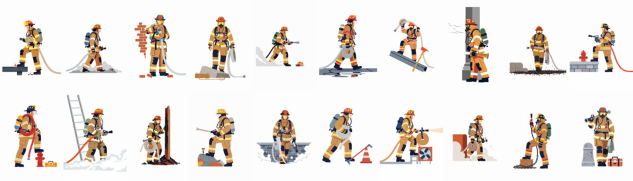 Large set of firefighter character illustrations in various poses and actions wearing protective gear and using firefighting equipment.