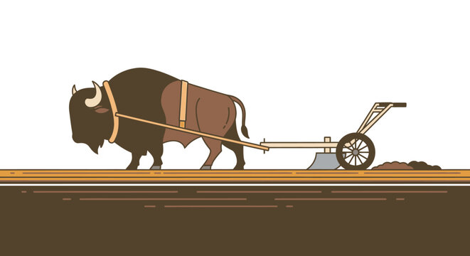 Brown bison pulling a plow machine.