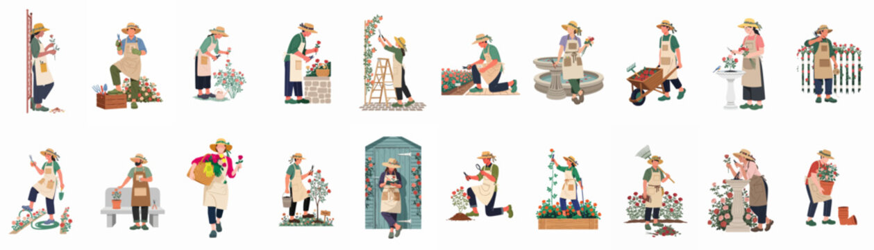 Large collection of flat vector illustrations depicting various people gardening, pruning roses, and maintaining flower beds in a garden setting.