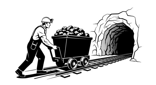Man pushing coal mine cart on tracks.