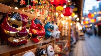 Obraz premium Colorful Masks Displayed at Festive Outdoor Market during Twilight Hours