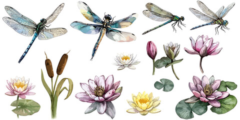 Collection of icons of dragonflies and lotus flowers in different stages of flowering, realistic vector in watercolor style, isolated, no background, transparent, insects on the pond, lilies © Arlen
