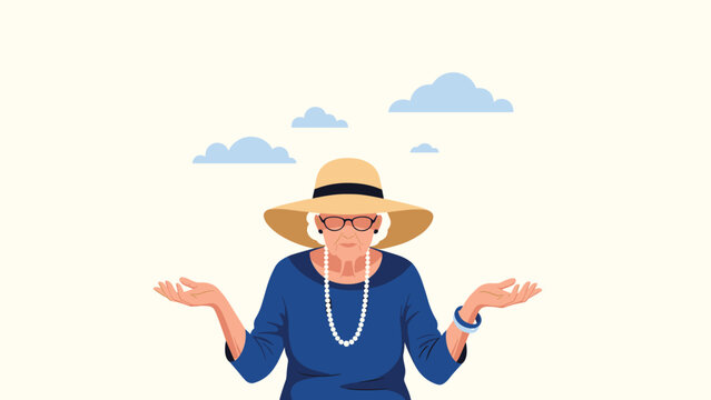 Senior woman in a blue shirt and large sun hat looking confused with her hands held out in a questioning gesture.