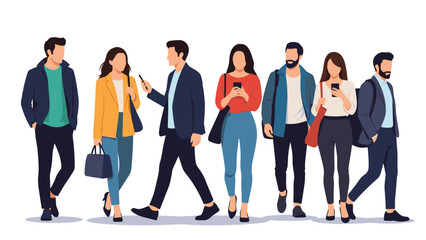 Fototapeta premium Group of diverse urban people walking forward in stylish outfits representing a busy city crowd or commuters heading to work in a flat style.