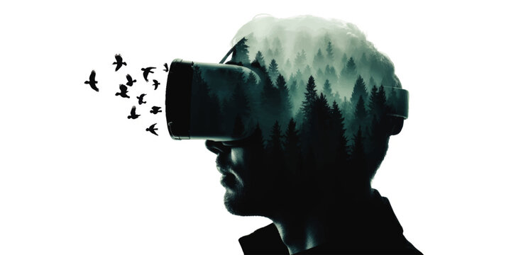 Surreal double exposure man with VR headset exploring digital forest, birds in flight, nature technology fusion on transparent background