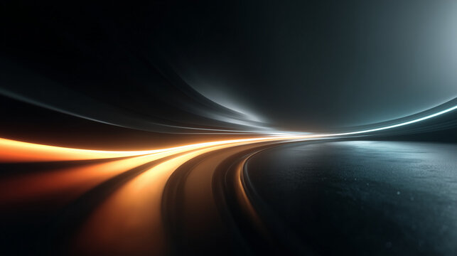 近未来的な光の軌跡と曲線が流れるダークトーンの抽象背景