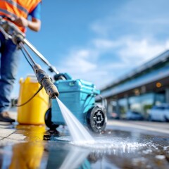 Fototapeta premium Worker pressure washing pavement with portable sprayer canister