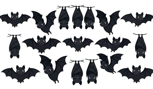 Flat bat vector set in grid layout with black Halloween bats flying hanging and sleeping isolated on white