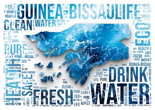 Guinea-Bissau. Water concept illustration. Silhouette of the country. Word cloud with blue, marbled water texture. Guinea-Bissau shape with related tag words. Creative illustration.