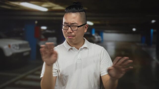Man with hands forming time out gesture in an indoor parking garage, wearing white polo and glasses; safety caution.