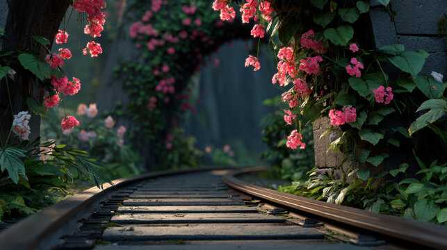 Flower train track arch winding through lush garden with pink climbing blooms and stone trellis, soft morning light and moody atmosphere