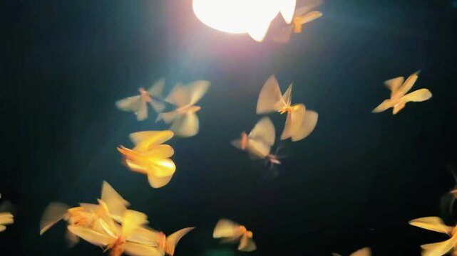 Massive termite swarm circling around outdoor light in the dark