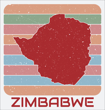 Zimbabwe vintage logo. Shape of the country on retro colored stripes background. Zimbabwe map design with grunge scratch texture. Vector illustration.
