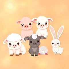 Obraz premium A group of adorable cartoon farm animals on a yellow background