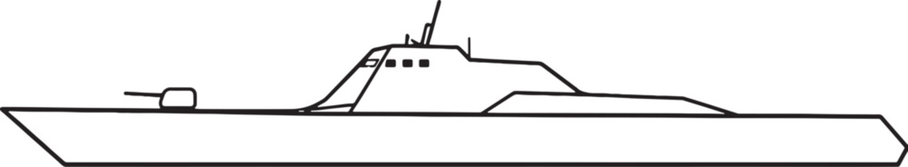 Stealth Warship Modern Naval Vessel Line Art Vector Illustration Side View © Hue