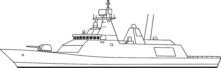 Stealth Frigate Warship Naval Vessel Military Ship Line Art Vector Illustration Side View © Hue
