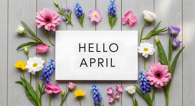 Vibrant floral arrangement welcoming spring with hello april greeting