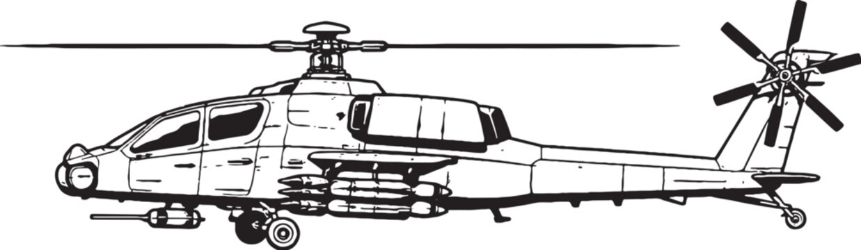 Tactical Attack Helicopter Military Gunship Modular Weapon System Side View Vector Line Art Illustration