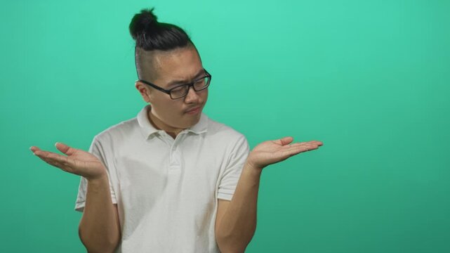 Man with glasses and topknot holding palms up gesture in green studio; confusion pondering choice dilemma.