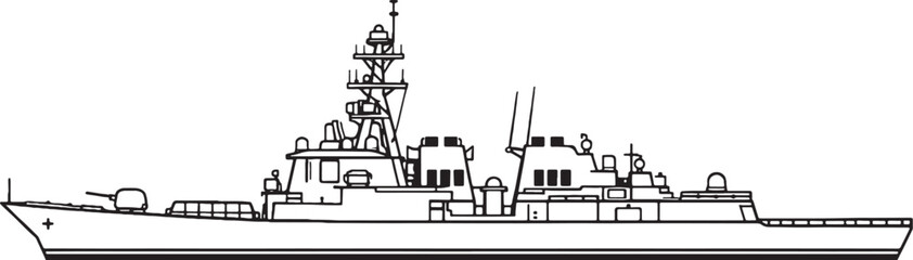 Modern Destroyer Warship Naval Vessel Line Art Vector Illustration Side View © Hue