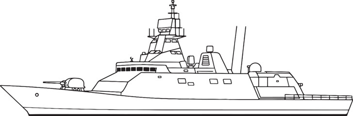 Modern Combat Ship Warship Naval Vessel Line Art Vector Illustration Side View © Hue