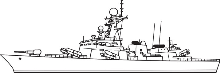 Missile Cruiser Warship Naval Vessel Military Ship Line Art Vector Illustration Side View © Hue