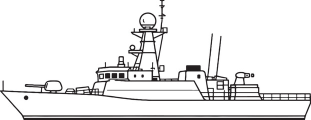 Light Frigate Warship Naval Vessel Military Ship Line Art Vector Illustration Side View © Hue