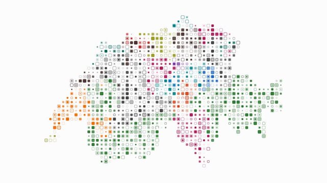 Switzerland map animation. Shape of the country with pulsating colored dots. Small size rounded square blocks. Digital style Switzerland map on white background. Trending video.