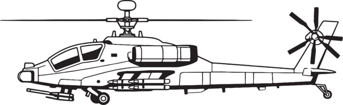 Missile Armed Helicopter Military Gunship Guided Weapon Aircraft Side View Vector Line Art Illustration
