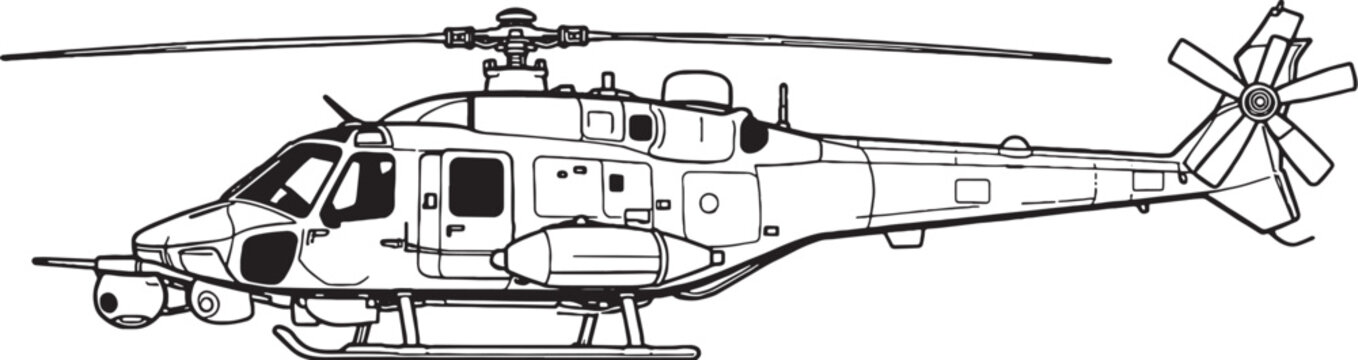 Maritime Patrol Helicopter Line Art Vector Illustration Naval Surveillance Aircraft Side View