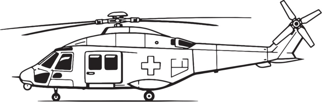 Medical Evacuation Helicopter Line Art Vector Illustration Side View