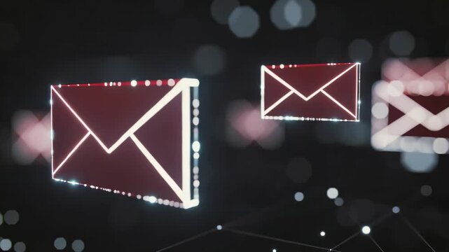 Glowing red digital envelope icons floating in dark abstract futuristic space with bokeh light background, concept for email marketing, online communication and digital message delivery