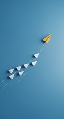 Yellow Paper Airplane Leading White Airplanes in Formation, Concept of Leadership and Innovation, Isolated on Blue Background, 3D Render