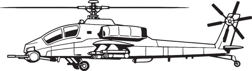 Cannon Equipped Helicopter Military Gunship Forward Gun Turret Side View Vector Line Art Illustration © Hue