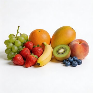 Isolado no fundo branco, grupo de frutas frescas, variadas e saud&aacute;veis.