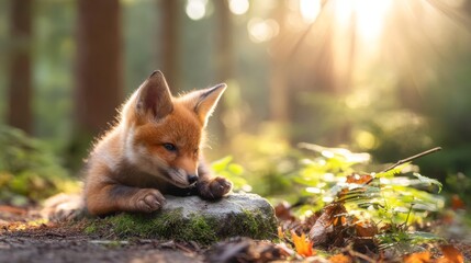 Naklejka premium Red Fox Cub Resting on Mossy Stone in Serene Forest at Sunset