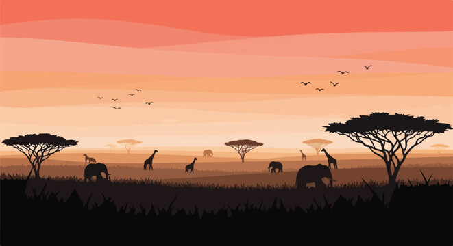 Silhouette landscape of African savanna with diverse wildlife and warm colors