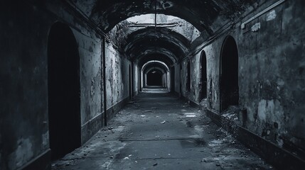 Fototapeta premium Eerie Arched Tunnel Dark Decaying and Mysterious Perspective.