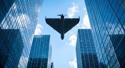 Fototapeta premium Unique aircraft soars through a modern city sky among towering skyscrapers