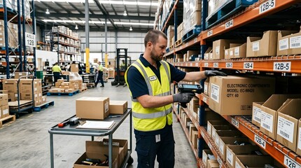 Naklejka premium Male warehouse worker scanning barcode on cardboard box of electronic components in storage facility