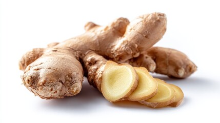 Fototapeta premium Fresh ginger root with sliced pieces isolated on a white background