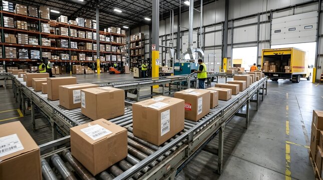 Industrial warehouse interior with cardboard parcels on conveyor line and workers loading delivery truck